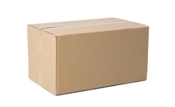 One Closed Cardboard Box Isolated White — Stock Photo, Image