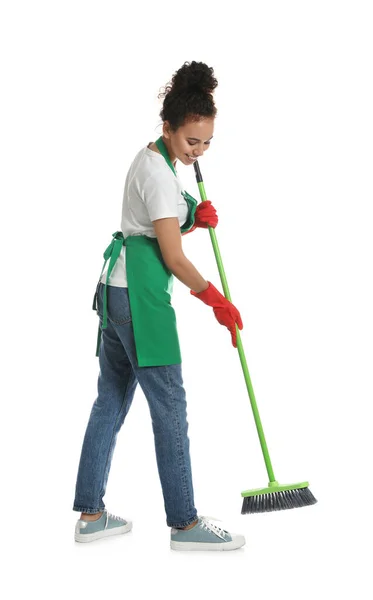 African American Woman Green Broom White Background — Stock Photo, Image