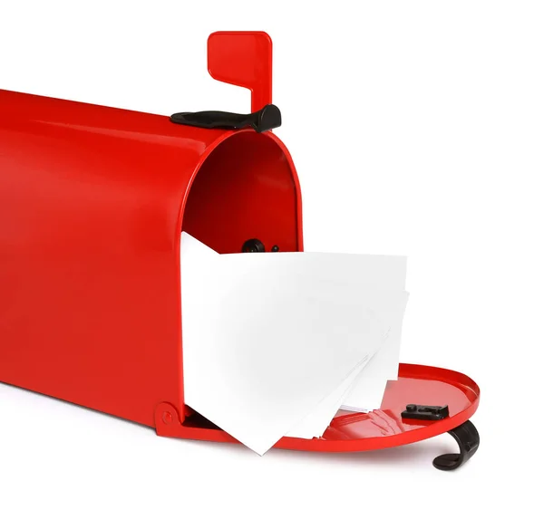 Röd Brevlåda Med Kuvert Vit Bakgrund — Stockfoto