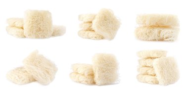 Beyaz arka planda kurutulmuş pirinç eriştesi. Pankart tasarımı