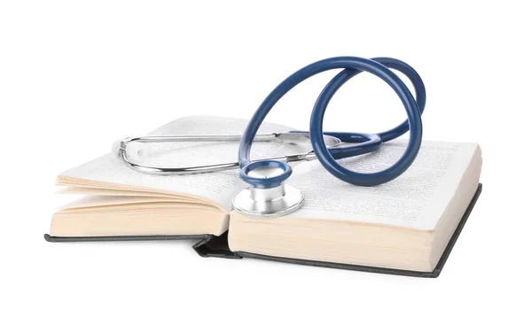 Libro Testo Stetoscopio Aperto Studenti Sfondo Bianco Educazione Medica — Foto Stock