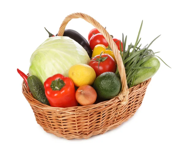 Fresh Ripe Vegetables Fruit Wicker Basket White Background — Stock Photo, Image