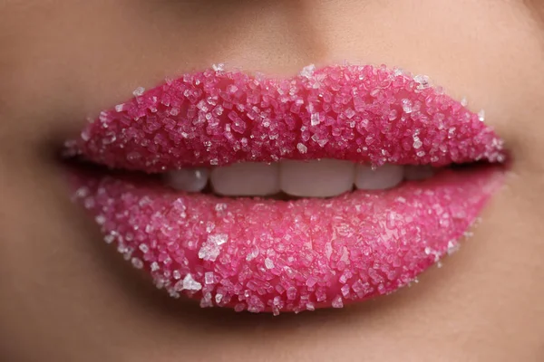 Mujer Joven Con Hermosos Labios Cubiertos Azúcar Primer Plano —  Fotos de Stock