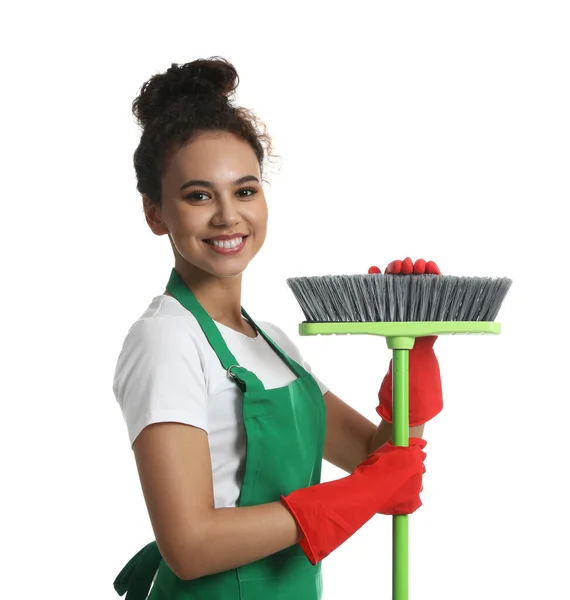 Mujer Afroamericana Con Escoba Verde Sobre Fondo Blanco —  Fotos de Stock