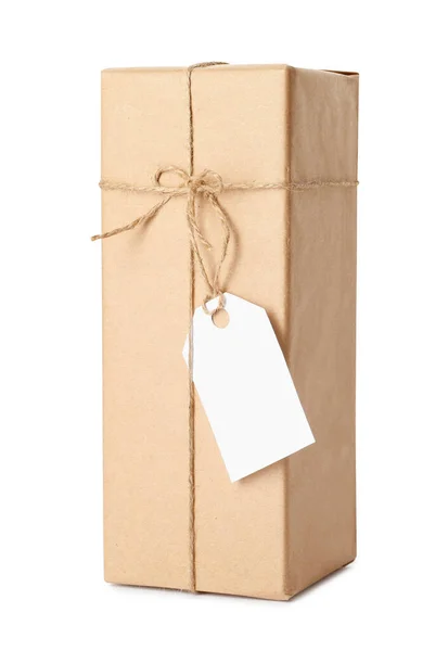 Gift Box Wrapped Kraft Paper Bow Tag Isolated White — Stock Photo, Image