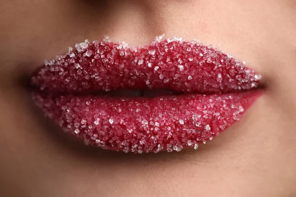 Jovem Com Lábios Bonitos Cobertos Açúcar Close — Fotografia de Stock