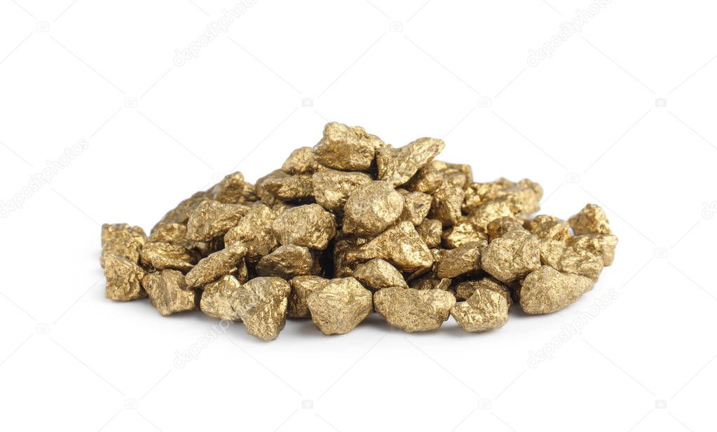 Pile of gold nuggets on white background