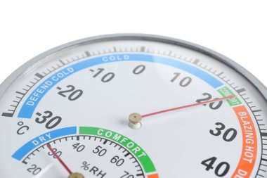 Beyaz arka planda yuvarlak mekanik higrometre, yakın plan. Meteorolojik araç