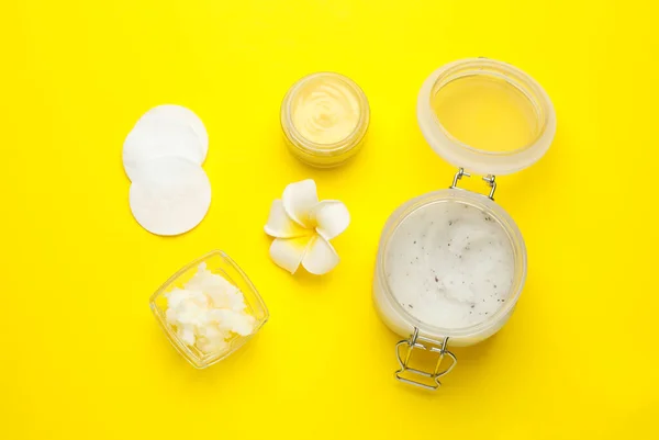 Flat Lay Composition Beeswax Cosmetics Yellow Background — Stock Photo, Image
