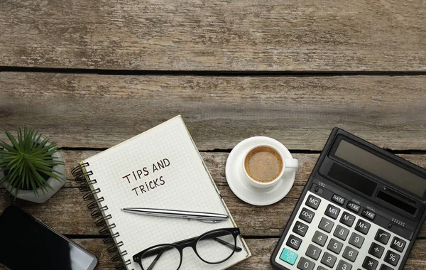 Composición Plana Con Cuaderno Sobre Mesa Madera Espacio Para Texto — Foto de Stock