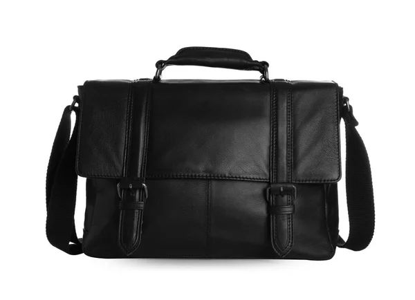 Stylish Black Leather Briefcase Isolated White — Stock Photo, Image
