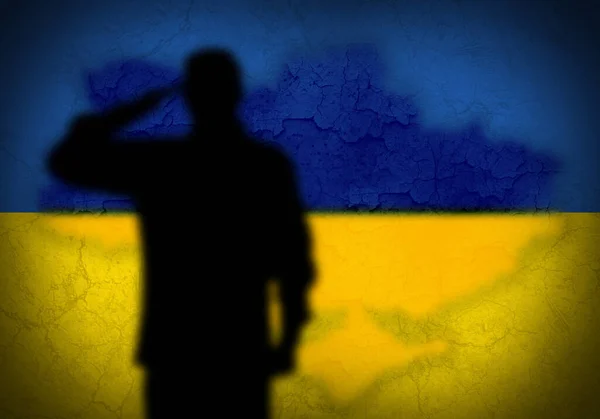 Silhouette Eines Soldaten Mit Den Farben Der Ukrainischen Flagge Auf — Stockfoto