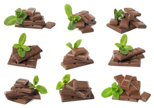 Набор Вкусным Темным Шоколадом Мятой Белом Фоне — стоковое фото