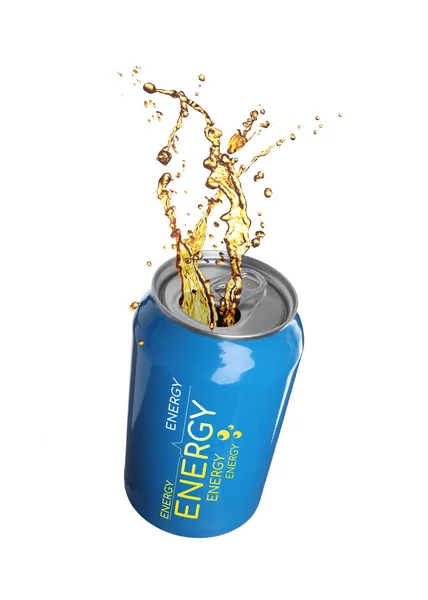 Lata Bebida Energética Con Salpicaduras Sobre Fondo Blanco — Foto de Stock