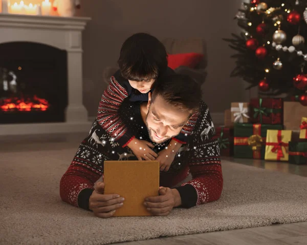 Father His Cute Son Opening Gift Box Magical Light Floor — Stock Photo, Image