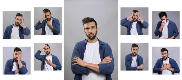 Collage Con Fotos Del Hombre Con Síntomas Resfriado Sobre Fondo —  Fotos de Stock