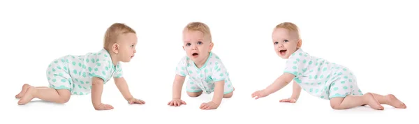 Collage Photos Cute Little Baby Crawling White Background Banner Design — Stock Photo, Image