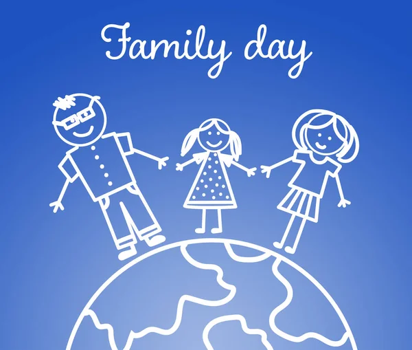 祝家庭日快乐 说明父母带着女儿站在地球上 背景为浅蓝色 — 图库照片