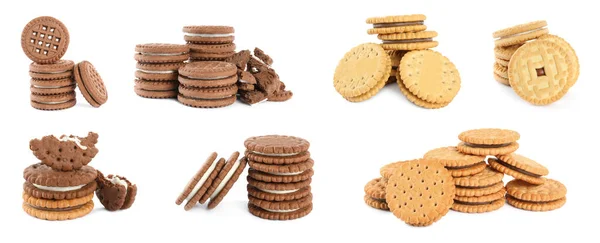 Different Tasty Sandwich Cookies Cream White Background Collage Banner Design — Stock Photo, Image