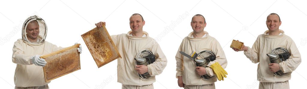 Collage with photos of beekeeper in uniform holding frames with honeycombs and different tools on white background. Banner design