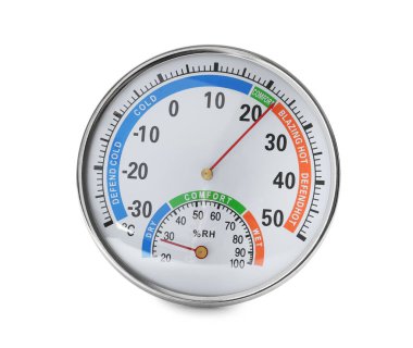 Yuvarlak mekanik higrometre beyaza izole edilmiş. Meteorolojik araç