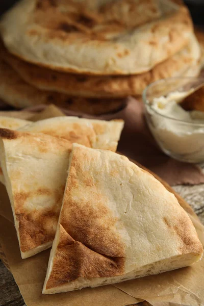 Pieces Fresh Pita Bread Wooden Table Closeup — Stock Photo, Image