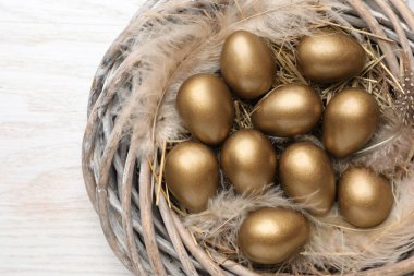 Yuvadaki birçok altın yumurta beyaz ahşap masa, üst manzara
