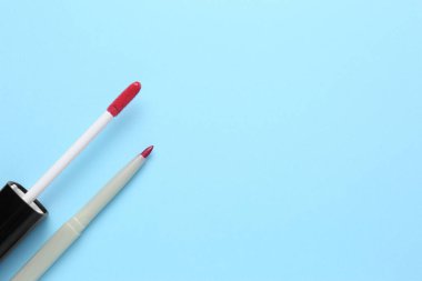 Açık mavi arkaplanda dudak kalemi ve sıvı ruj fırçası, metin için yeri olan düz bir yer. Kozmetik ürünü