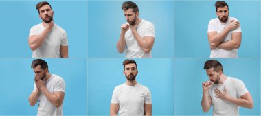 Turkuaz arka planda soğuk semptomları olan bir adamın fotoğraflarıyla kolaj. Pankart tasarımı