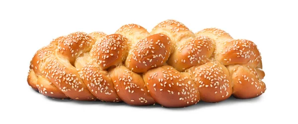 Zelfgemaakt Gevlochten Brood Met Sesamzaad Geïsoleerd Wit Traditionele Shabbat Challah — Stockfoto
