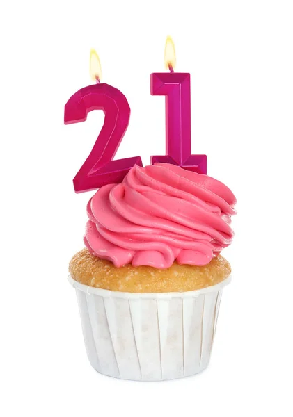 Delizioso Cupcake Con Candele Forma Numero Sfondo Bianco Festa Arrivo — Foto Stock