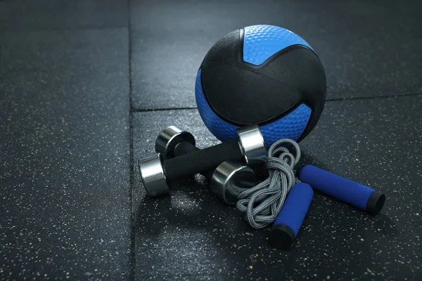 Blue Medicine Ball Dumbbells Skipping Rope Floor Space Text — Stock Photo, Image