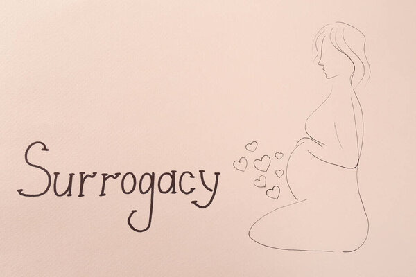 Фигура беременной женщины и слово "суррогатное материнство" написано на бледно-розовом фоне, вид сверху