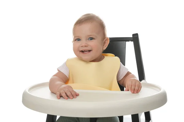 Carino Bambino Che Indossa Bavaglino Seggiolone Sfondo Bianco — Foto Stock