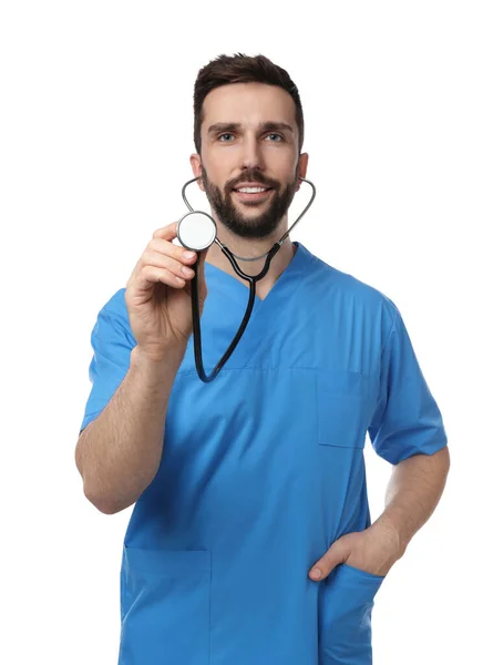 Docteur Avec Stéthoscope Sur Fond Blanc Concept Cardiologie — Photo