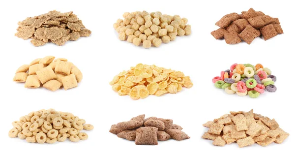 Set Con Diferentes Sabrosos Cereales Desayuno Sobre Fondo Blanco — Foto de Stock