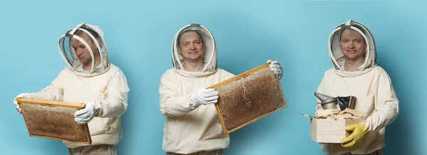 Collage Photos Beekeeper Uniform Holding Frames Honeycombs Different Tools Turquoise — стоковое фото