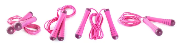 Set Con Cuerdas Saltadoras Rosadas Sobre Fondo Blanco Diseño Banner — Foto de Stock