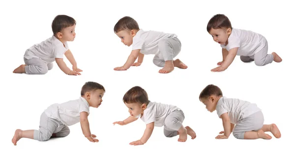 Collage Con Fotos Lindo Bebé Arrastrándose Sobre Fondo Blanco Diseño —  Fotos de Stock