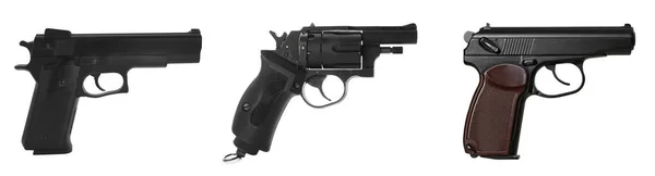 Set Con Diferentes Pistolas Sobre Fondo Blanco Diseño Banner —  Fotos de Stock