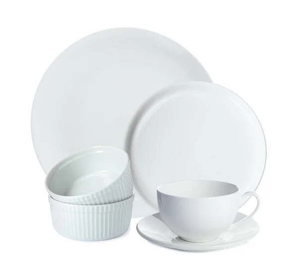 Набір Красивого Керамічного Посуду Білому Тлі — стокове фото