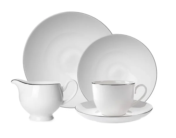 Zestaw Pięknych Ceramicznych Obiadów Białym Tle — Zdjęcie stockowe