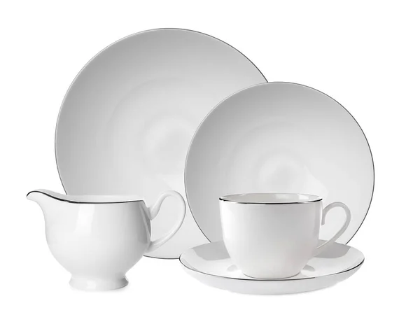 Set Bellissime Stoviglie Ceramica Sfondo Bianco — Foto Stock