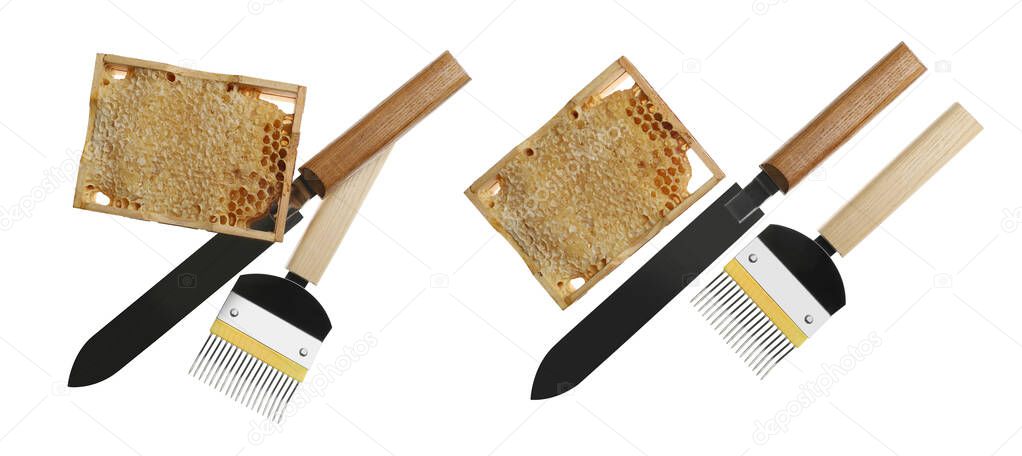 Different beekeeping tools and hive frames with honeycombs on white background, top view. Banner design