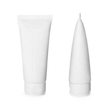 Beyaz arka planda boş kozmetik ürünleri tüpleri, kolaj. Tasarım için model