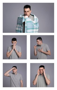 Beyaz arka planda soğuk belirtileri olan bir adamın fotoğraflarıyla kolaj.