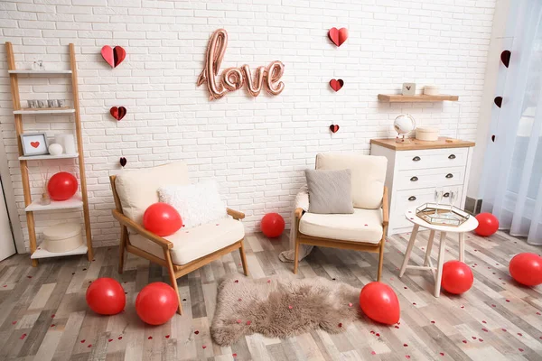 Gemütliches Wohnzimmer Zum Valentinstag Dekoriert Innenarchitektur — Stockfoto