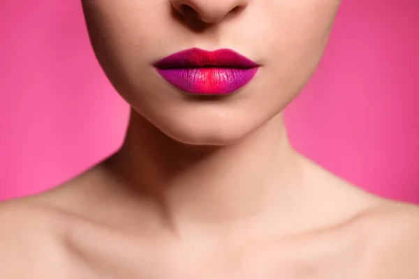 Young Woman Beautiful Lips Makeup Pink Background Closeup — Stock Photo, Image