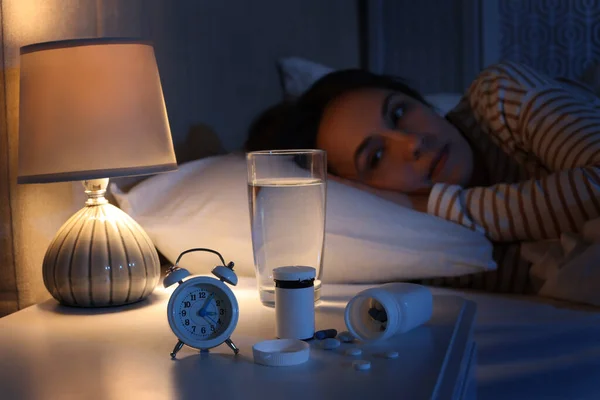 Mature Woman Suffering Insomnia Bed Night Focus Nightstand Pills Alarm — Stock Photo, Image