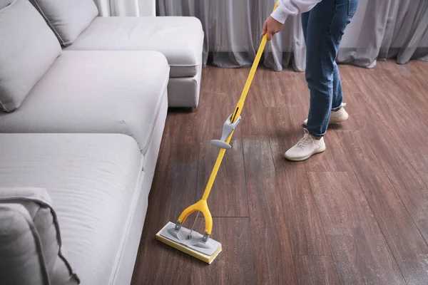 Woman Cleaning Parquet Floor Mop Indoors Closeup — Stock Photo, Image